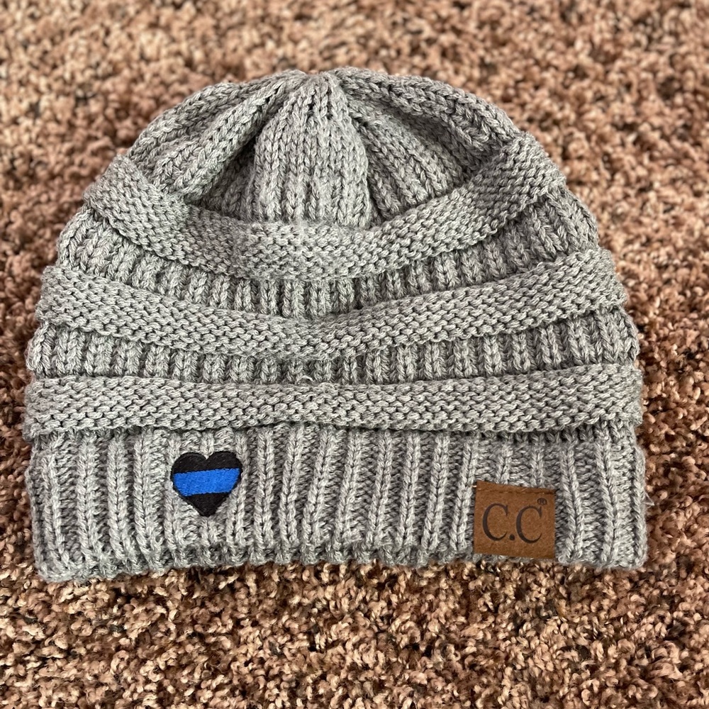 CC custom Adult knit hat Grey gently used Support Blue heart, Law Enforcement